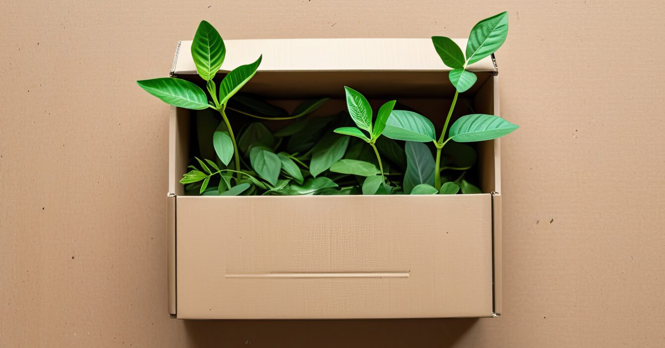 cardboard-box-filled-with-fresh-green-plants-symbolizing-ecofriendly-gifting cardboard-box-filled-with-fresh-green-plants-symbolizing-ecofriendly-gifting